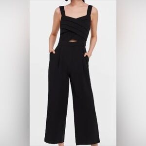 ZARA pleated cropped black cross-criss bodice jumpsuit, small midriff cutout.